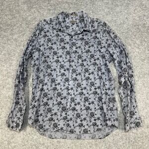 Natural Blue by Visitor Linen Floral Print Long Sleeve Button Up Shirt Men LG